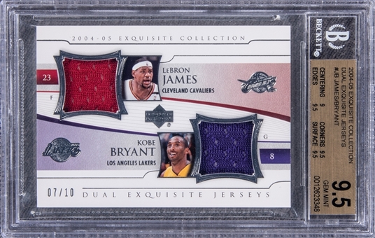 2004-05 UD "Exquisite Collection" Dual Exquisite Jerseys #JB LeBron James/Kobe Bryant Game Used Patch Card (#07/10) - BGS GEM MINT 9.5